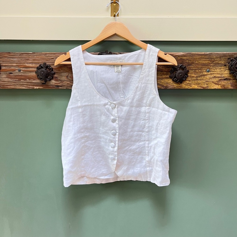 Rachel Zoe White Linen Button-Front Crop Vest